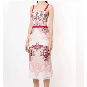 Marchesa Notte Red Pink Lace Embroidered Floral Paneled Sheath Midi Dress